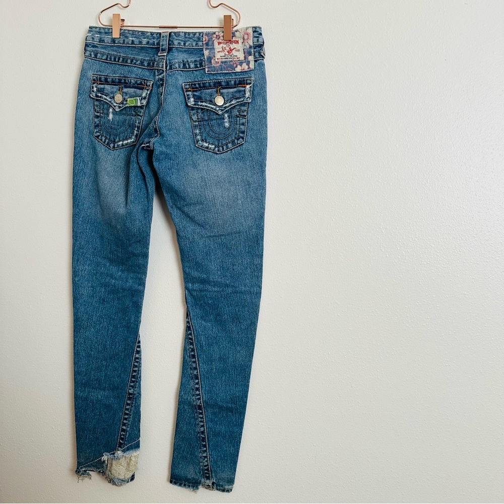 True Religion Low Rise Vintage Boho Patchwork Skinny Distressed Blue Jeans - Picture 12 of 16
